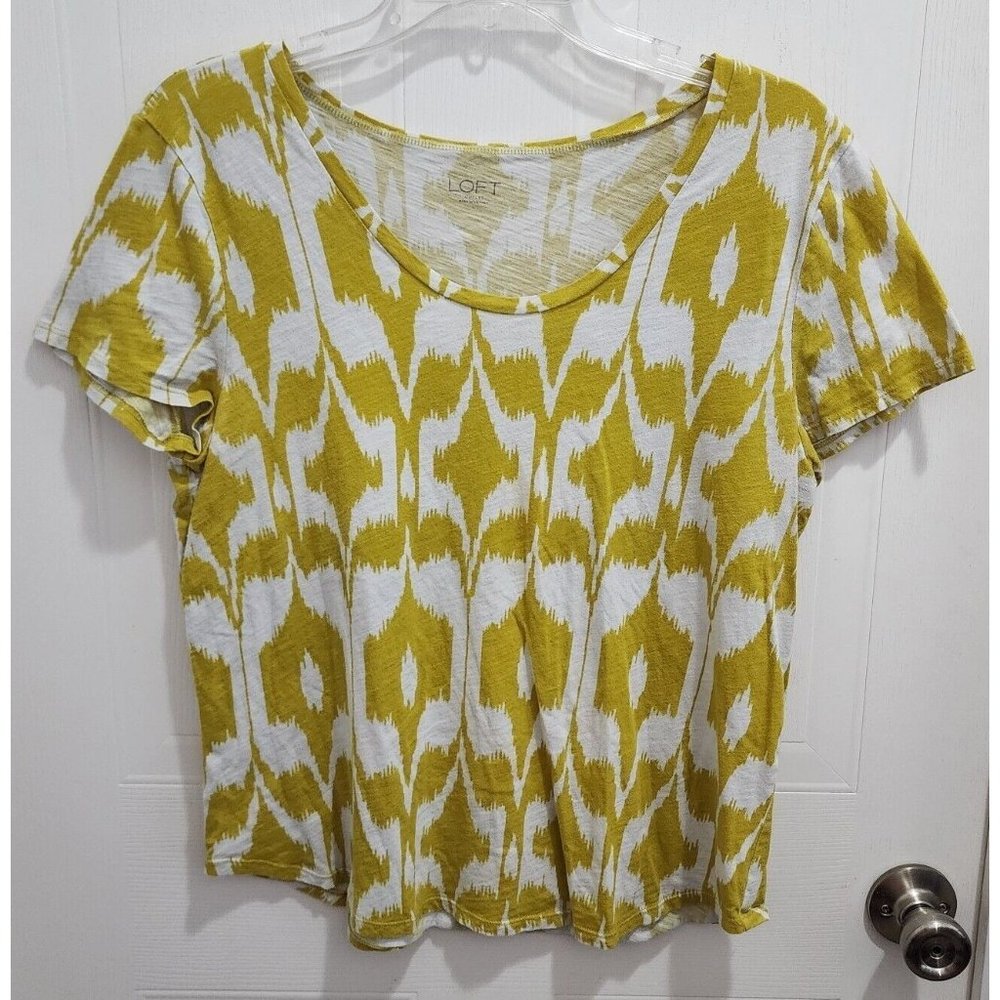 Loft Women's Short Sleeve Casual Tee Shirt Top White/Yellow Pattern Cotton Sz L